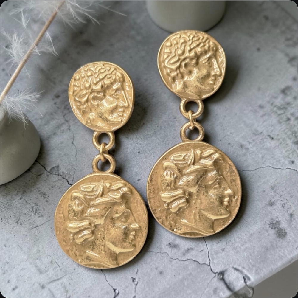 Chunky Matte Gold Plated Byzantine Revival Coin Dangle Earrings